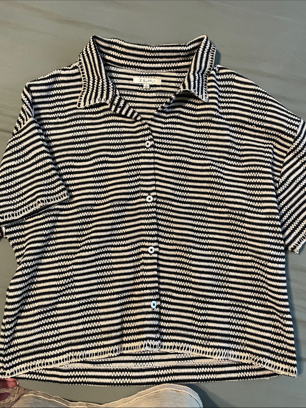 Z Supply Black & White Striped Knit Polo Top